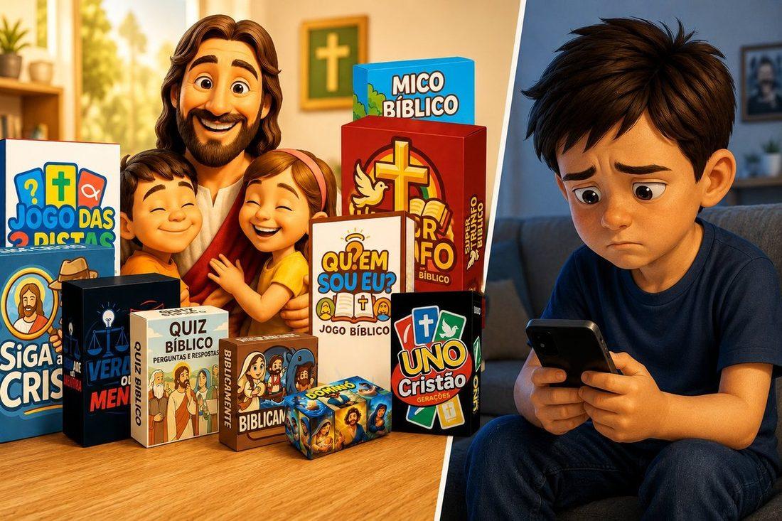 De um lado a criança triste presa no celular, do outro os jogos bíblicos e a família feliz